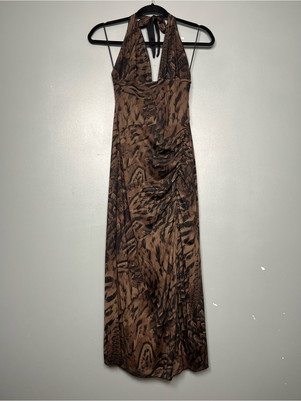 Urban Outfitters Deep Plunge Halter Ruched Mesh Midi Dress Brown Women’s Size XS - Picture 2 of 6